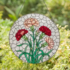 Tiffany Stained Glass Carnation Flower - Red Peach Emerald Green Mosaic Floral Home Decor Stained Glass Suncatcher