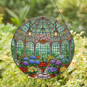 Stained Glass Greenhouse Conservatory - Botanical Flowering Plants Lanterns Mosaic Art Stained Glass Suncatcher