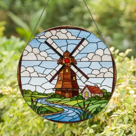 Dutch Windmill Stained Glass River House Countryside Art with Serene Sky & Clouds Stained Glass Suncatcher