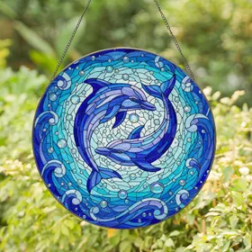 Intricate Dolphins Heart Shape Stained Glass Ocean Waves - Tiffany Style Jewel Tone Aquatic Decor Stained Glass Suncatcher
