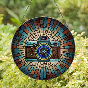 Retro Camera Stained Glass Art - Detailed Geometric Mosaic with Intricate Patterns Decor Stained Glass Suncatcher