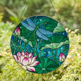Dragonfly Lotus Water Lily Tiffany Stained Glass - Intricate Jewel Tone Mosaic Art Stained Glass Suncatcher