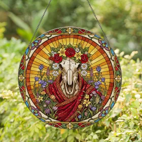 Weathered Horse Skull Floral Crown Stained Glass Tiffany Style Wildflower Mosaic Art Stained Glass Suncatcher