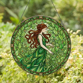 Stained Glass Woman Green Gown Leaves Vines Tiffany Style Botanical Art Stained Glass Suncatcher
