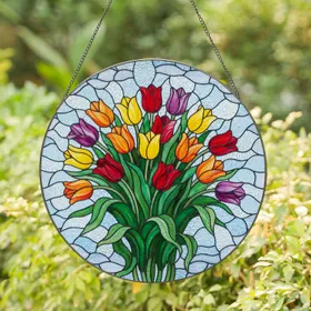 Tulips Bouquet Stained Glass Tiffany Style Colorful Mosaic Sky Intricate Pattern Stained Glass Suncatcher