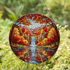 Tiffany Glass Waterfall Rocky Cliffs Autumn Trees Mountain River Landscape Decor Panel Stained Glass Suncatcher