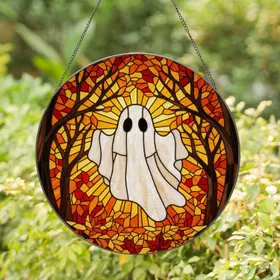 Friendly Sheet Ghost Autumn Leaves Bare Trees Tiffany Stained Glass Fall Season Decor Stained Glass Suncatcher