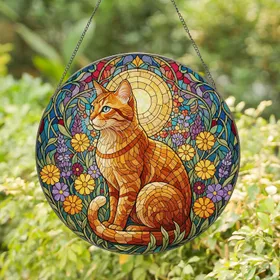 Orange Tabby Cat Blue Eyes Wildflower Tiffany Glass Glowing Sun - Cat Lover Gift Stained Glass Suncatcher