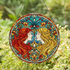 Twin Female Profiles Stained Glass Art Nouveau Floral Tiffany Jewel Tones Mosaic Art Stained Glass Suncatcher