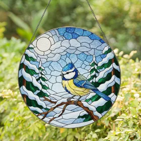 Blue Tit Bird Winter Snow Pine Tree Landscape Stained Glass Art - Jewel Tone Full Moon Stained Glass Suncatcher