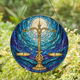 Ornate Golden Balance Scale, Full Moon, Twinkling Stars & Celestial Tiffany Glass Art Stained Glass Suncatcher