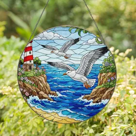 Seagull Tiffany Stained Glass Lighthouse Ocean Coastal Scene - Jewel Tone Art Decor Stained Glass Suncatcher