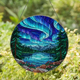 Aurora Borealis Stained Glass Starry Night Mountain Lake Pine Forest Wildflowers Stained Glass Suncatcher