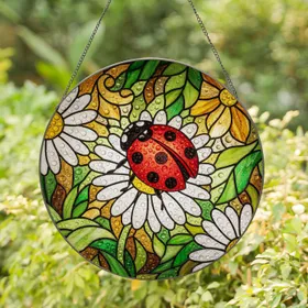 Red Ladybug White Daisy Dewdrop Stained Glass - Tiffany Style Nature Window Art Stained Glass Suncatcher