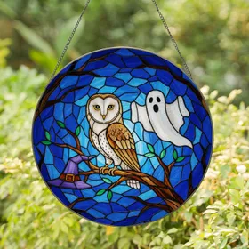 Barn Owl Ghost Witch Hat Stained Glass Mosaic Twilight Sky Gnarled Branch Tiffany Stained Glass Suncatcher