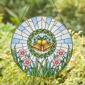 Golden Wedding Bells Ribbon Wreath Tiffany Glass Sun Rays - Wedding Anniversary Gift for Couple Stained Glass Suncatcher