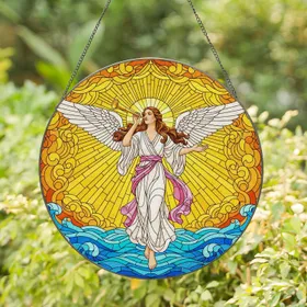 Female Angel Golden Trumpet Sunburst Celestial Waves Stained Glass Tiffany Style Art Stained Glass Suncatcher