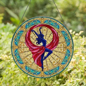 Graceful Female Dancer Silhouette Stained Glass Art - Tiffany Style Ornate Floral Mosaic Stained Glass Suncatcher