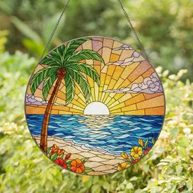 Tropical Palm Tree Sunset Ocean Beach Blooming Flowers - Stained Glass Style Art Stained Glass Suncatcher
