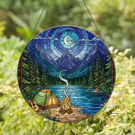 Camping Bonfire Lake Mountain Night Sky Crescent Moon Pine Forest Tiffany Style Stained Glass Suncatcher
