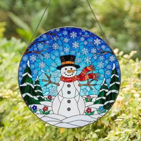 Cheerful Snowman Stained Glass Winter Scene - Tiffany Style Jewel Tone Snowflakes Art Stained Glass Suncatcher