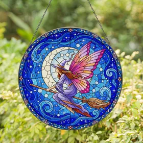 Witch Broomstick Iridescent Butterfly Wings - Celestial Moon Stars Tiffany Jewel Tone Stained Glass Suncatcher
