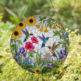 Tiffany Style Stained Glass Hummingbirds Blooming Flowers Rippled Glass Mosaic - Bird Lover Gift Stained Glass Suncatcher