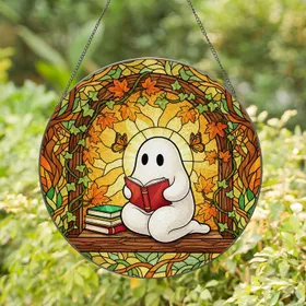 Friendly Ghost Reading Book in Stained Glass Window with Autumn Leaves & Monarch Butterflies Stained Glass Suncatcher