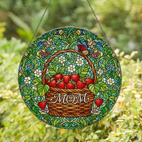 Stained Glass Strawberry Basket MOM Butterfly Tiffany Art - Mother's Day Garden Gift Stained Glass Suncatcher
