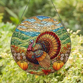Majestic Turkey Stained Glass Art - Autumn Jewel Tone Pumpkin Wildflower Decor Stained Glass Suncatcher