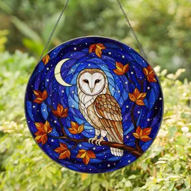 Stained Glass Barn Owl Night Sky Art - Tiffany Style Mosaic with Autumn Leaves & Crescent Moon Stained Glass Suncatcher