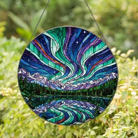 Stained Glass Mountain Lake Aurora Borealis - Night Sky Pine Forest Jewel Tone Art Stained Glass Suncatcher