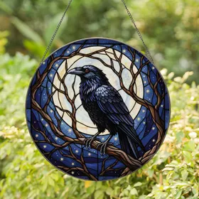 Black Raven Moon Stained Glass Night Sky - Gnarled Branch Detailed Bird Lover Decor Stained Glass Suncatcher