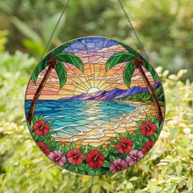 Tropical Beach Sunset Ocean Shore Palm Trees Hibiscus - Stained Glass Tiffany Style Art Stained Glass Suncatcher