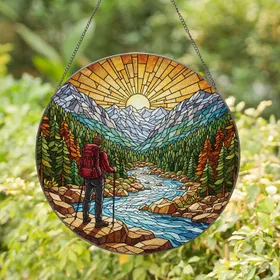Tiffany Style Stained Glass Mountain Hiker - River Valley & Snow-Capped Peaks Gift Stained Glass Suncatcher
