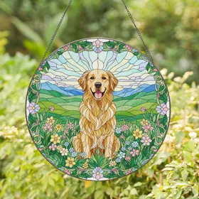 Golden Retriever Dog Stained Glass Wildflowers Tiffany Style Hills Mountains Home Decor Stained Glass Suncatcher