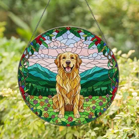 Golden Retriever Dog Colorful Stained Glass Art - Mountains Wildflowers Floral Wreath Stained Glass Suncatcher