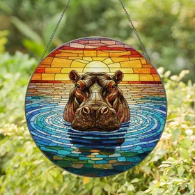 Majestic Hippopotamus Submerged Water Stained Glass Art - Sunset River Lake Gift Stained Glass Suncatcher