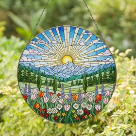 Tiffany Stained Glass Wildflower Meadow Dramatic Mountain Sun Rays - Evergreen Trees Gift Stained Glass Suncatcher