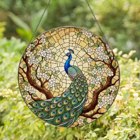Majestic Peacock Stained Glass Art - Tiffany Style Iridescent Tail & Blossom Mosaic Stained Glass Suncatcher