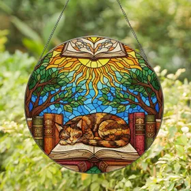 Sleeping Tortoiseshell Cat Open Book Tiffany Stained Glass - Sun Tree Sky Mosaic Art Stained Glass Suncatcher
