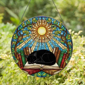 Black Cat Sleeping Books Stained Glass Sun - Mosaic Foliage Window Decor Cat Lover Stained Glass Suncatcher