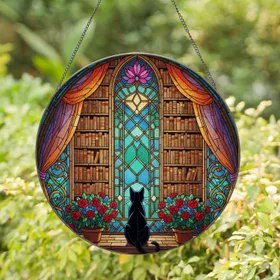 Black Cat Stained Glass Window Sill Bookshelf Arched Window Lotus Mosaic Artwork Stained Glass Suncatcher