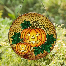 Tiffany Stained Glass Jack-O'-Lantern Pumpkins Mosaic Halloween Fall Window Art Stained Glass Suncatcher