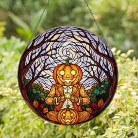 Mischievous Glowing Jack-o'-Lantern Autumn Forest Scene - Halloween Fall Season Home Decor Stained Glass Suncatcher