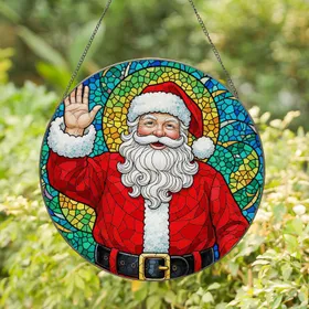 Jovial Santa Claus Stained Glass Mosaic Art - Intricate Tiffany Style Christmas Decor Stained Glass Suncatcher
