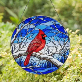 Red Cardinal Bird Snowy Branch Winter Stained Glass Tiffany Style Window Hanging Art Stained Glass Suncatcher