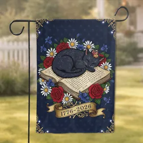 Dark Furred Cat Antique Book Patriotic Flowers 1776-2026 - USA 250th Anniversary Garden Flag