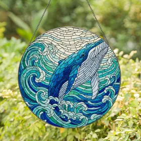 Intricate Colorful Blue Whale Stained Glass Ocean Waves Mosaic - Tiffany Style Art Stained Glass Suncatcher