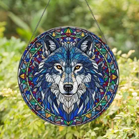 Majestic Wolf Head Geometric Stained Glass Mosaic - Intricate Tiffany Style Jewel Tones Stained Glass Suncatcher